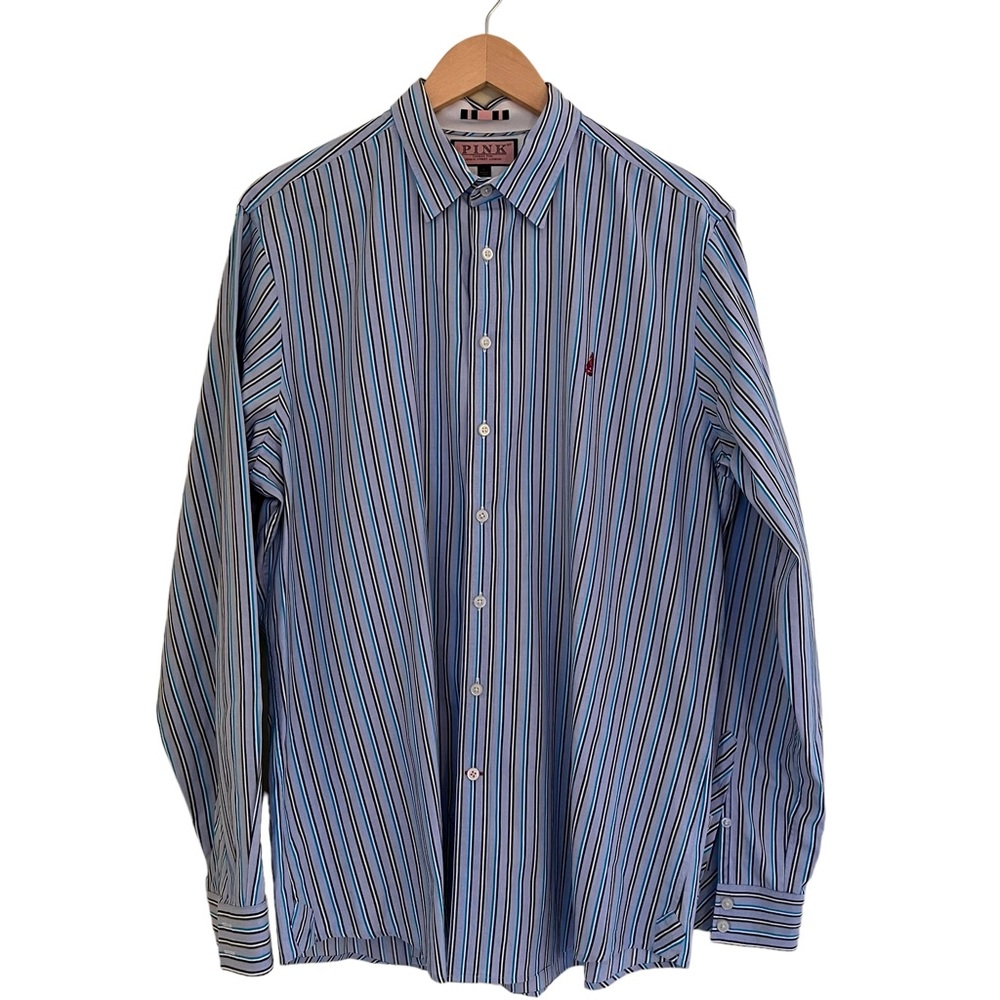 Thomas Pink Casual Blue/White/Teal Stripe Shirt L